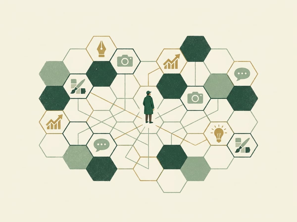One person at the centre of a constellation of hexagonal cells, each holding a tool of creative work.
